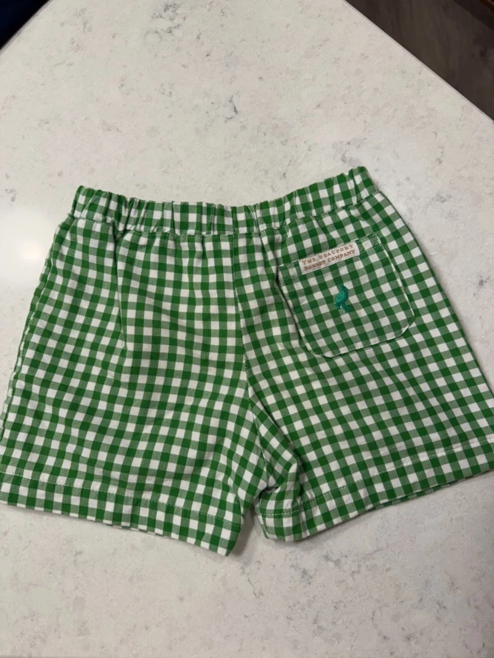 The Beaufort Bonnet Company Green and White Gingham Elastic-Waist Kids Shorts